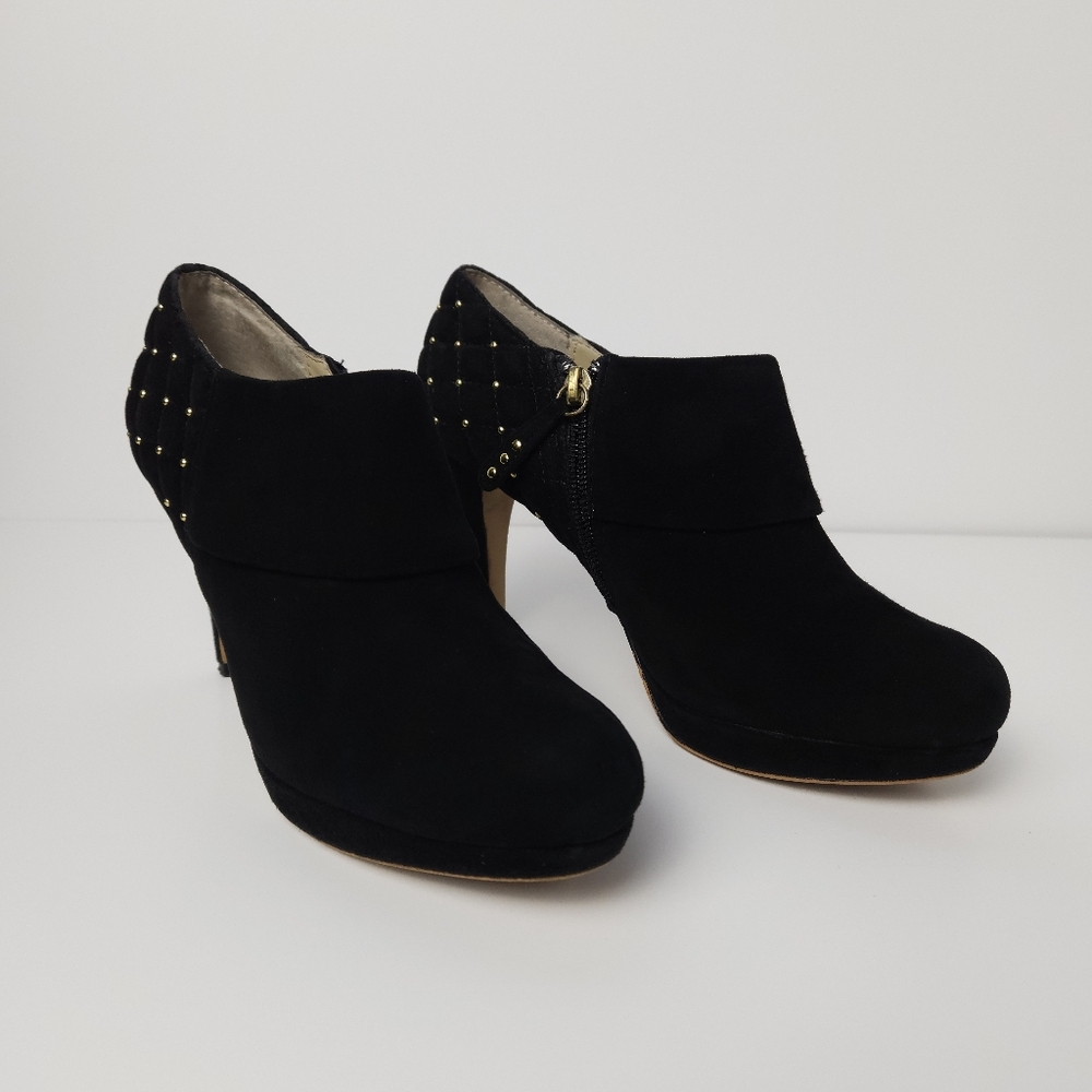 Andrienne Vittadini Women’s Black Ankle Heel Boots Size 7 With Box, Gold Accents